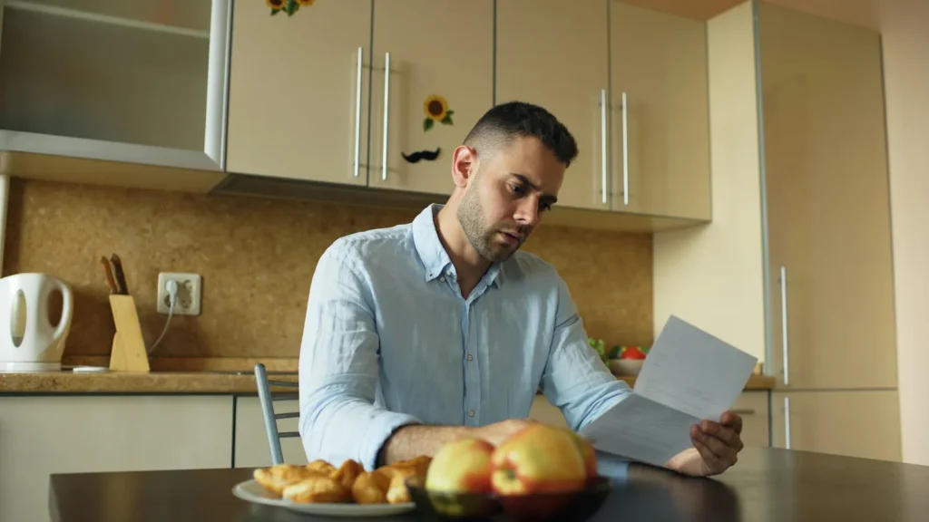 A man at his kitchen table reading a letter, the first step before a consumer proposal