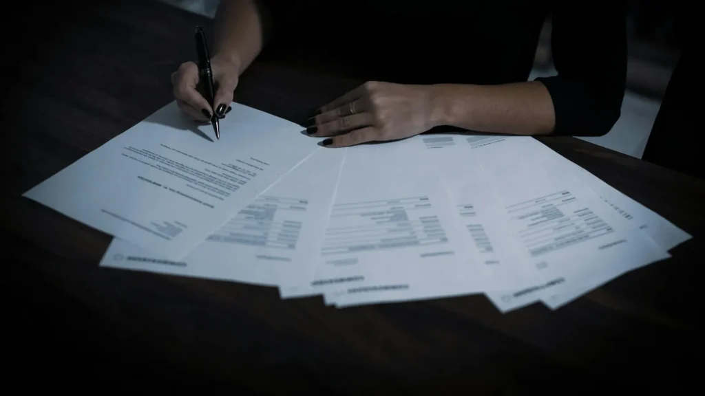 A person signing a spread of financial documents, the paperwork behind a consumer proposal or a bankruptcy