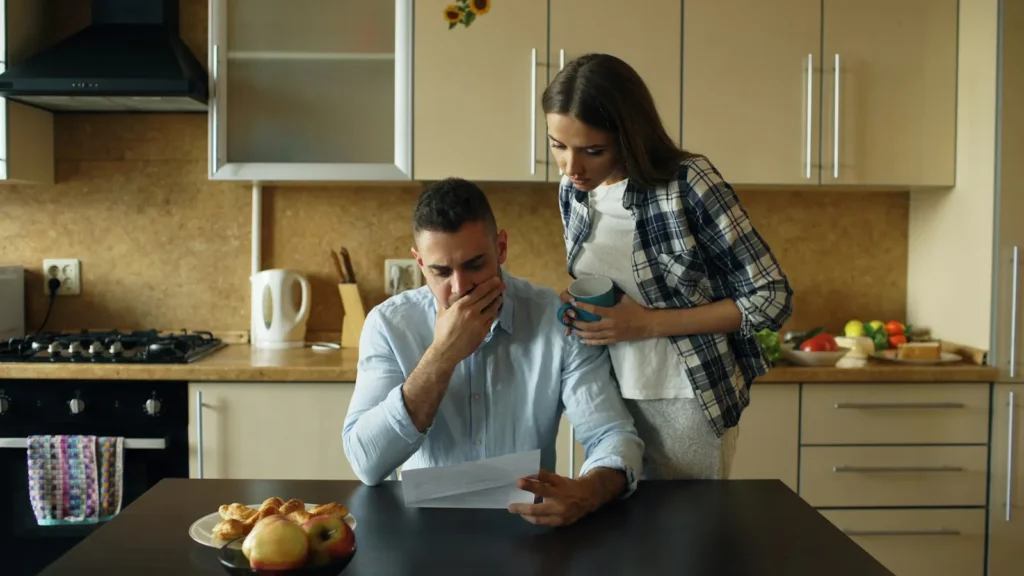 A couple at a kitchen table reading a letter about their debts and deciding what to do next